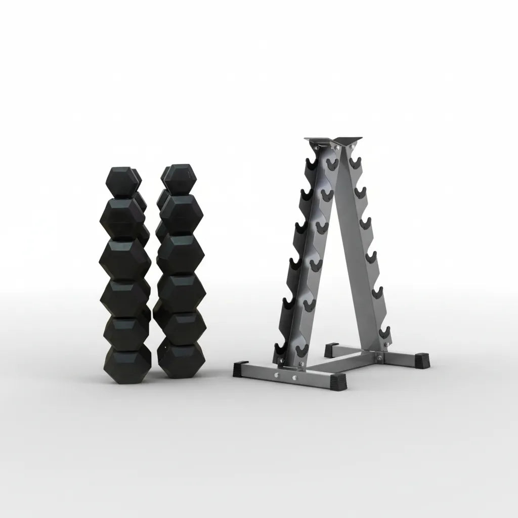 Pesas Mancuernas Hexagonal Set 6 Par + Rack Piramidal