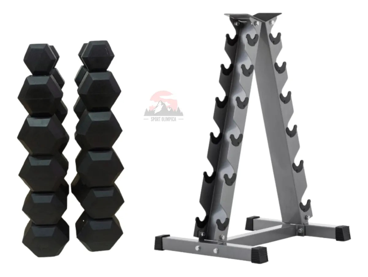 Pesas Mancuernas Hexagonal Set 6 Par + Rack Piramidal