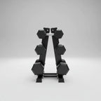 Pesas Mancuernas Hexagonal Set 3 Par 29 Kg + Rack Piramidal