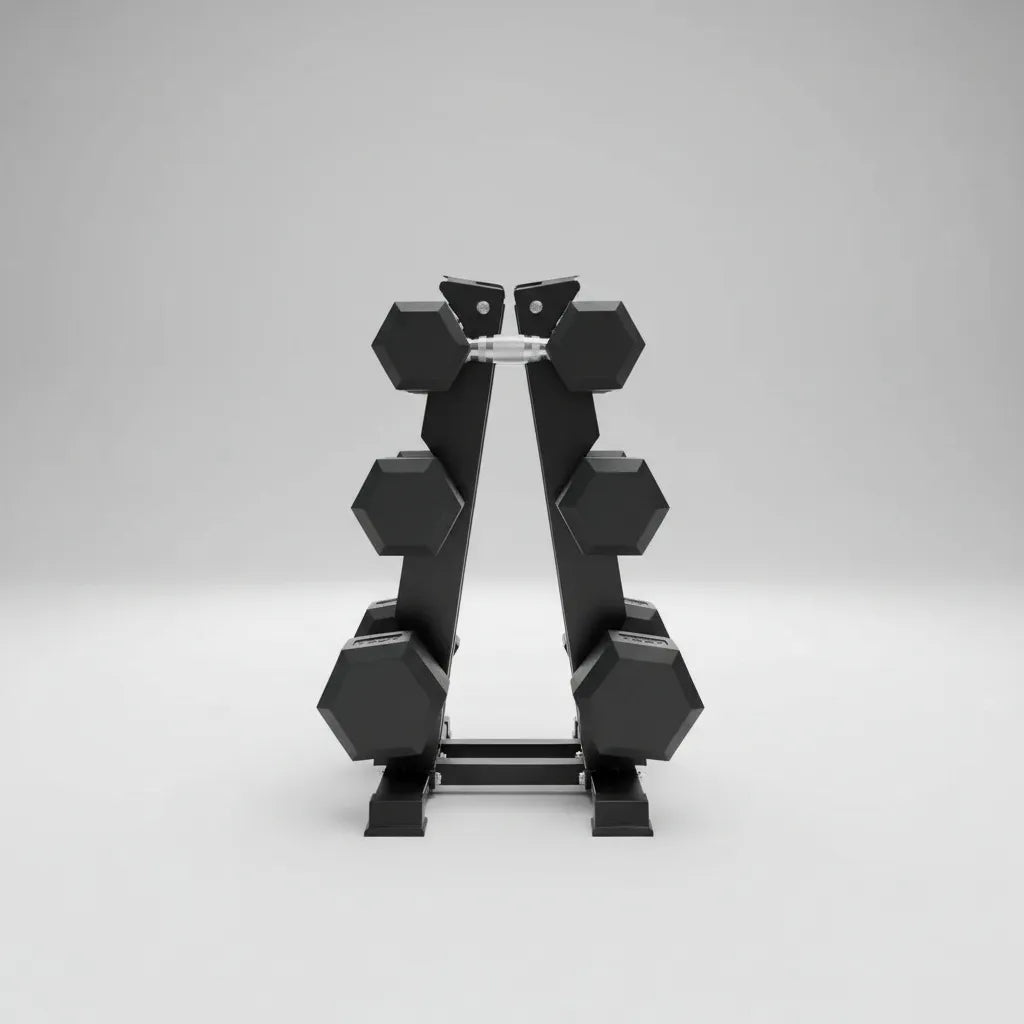 Pesas Mancuernas Hexagonal Set 3 Par 29 Kg + Rack Piramidal