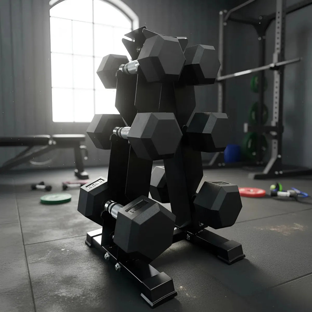 Pesas Mancuernas Hexagonal Set 3 Par 29 Kg + Rack Piramidal