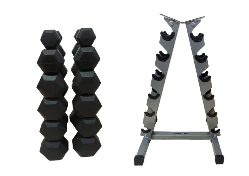 Pesas Mancuernas Hexagonal Set 6 Par + Rack Piramidal